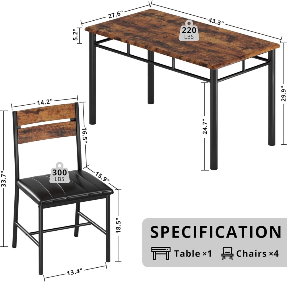 IRONCK Dining Table Set for 4, Wood Kitchen Table with Upholstered Chairs for Kitchen Room and Small Spaces, Rustic Brown - Image 3