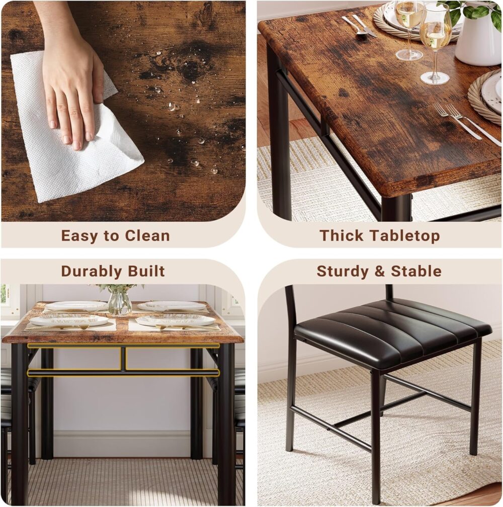 IRONCK Dining Table Set for 4, Wood Kitchen Table with Upholstered Chairs for Kitchen Room and Small Spaces, Rustic Brown - Image 6