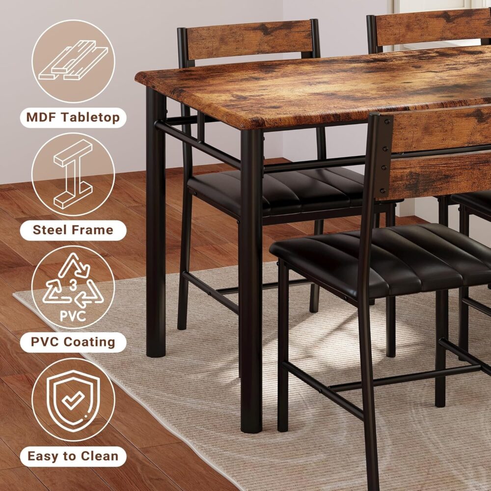 IRONCK Dining Table Set for 4, Wood Kitchen Table with Upholstered Chairs for Kitchen Room and Small Spaces, Rustic Brown - Image 7