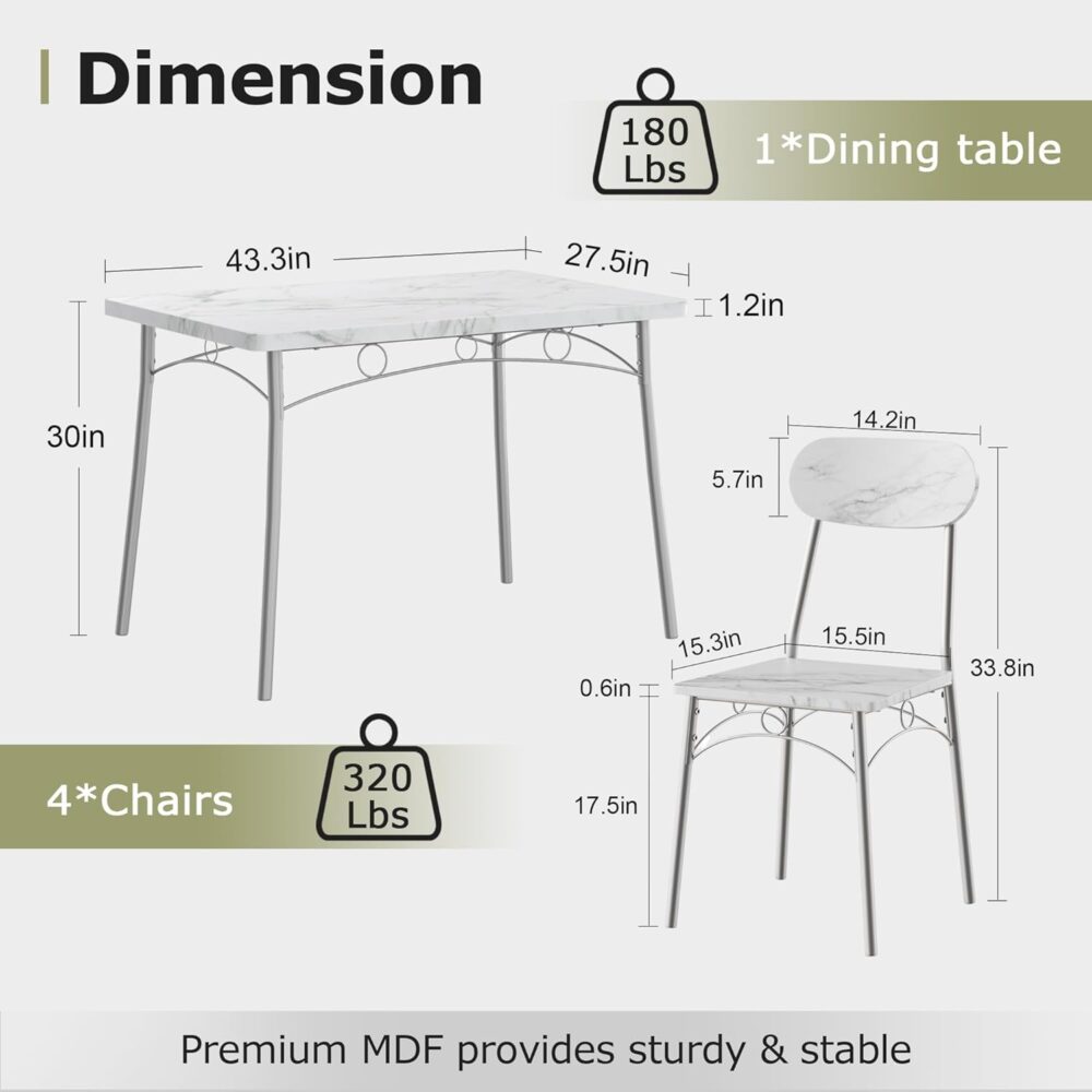VECELO Dining Table Set for 4, 5-Piece Kitchen Table with 4 Chairs, MDF Board Tabletop with Metal Frame for Small Space, Compact Dinette, Breakfast Nook, White - Image 2