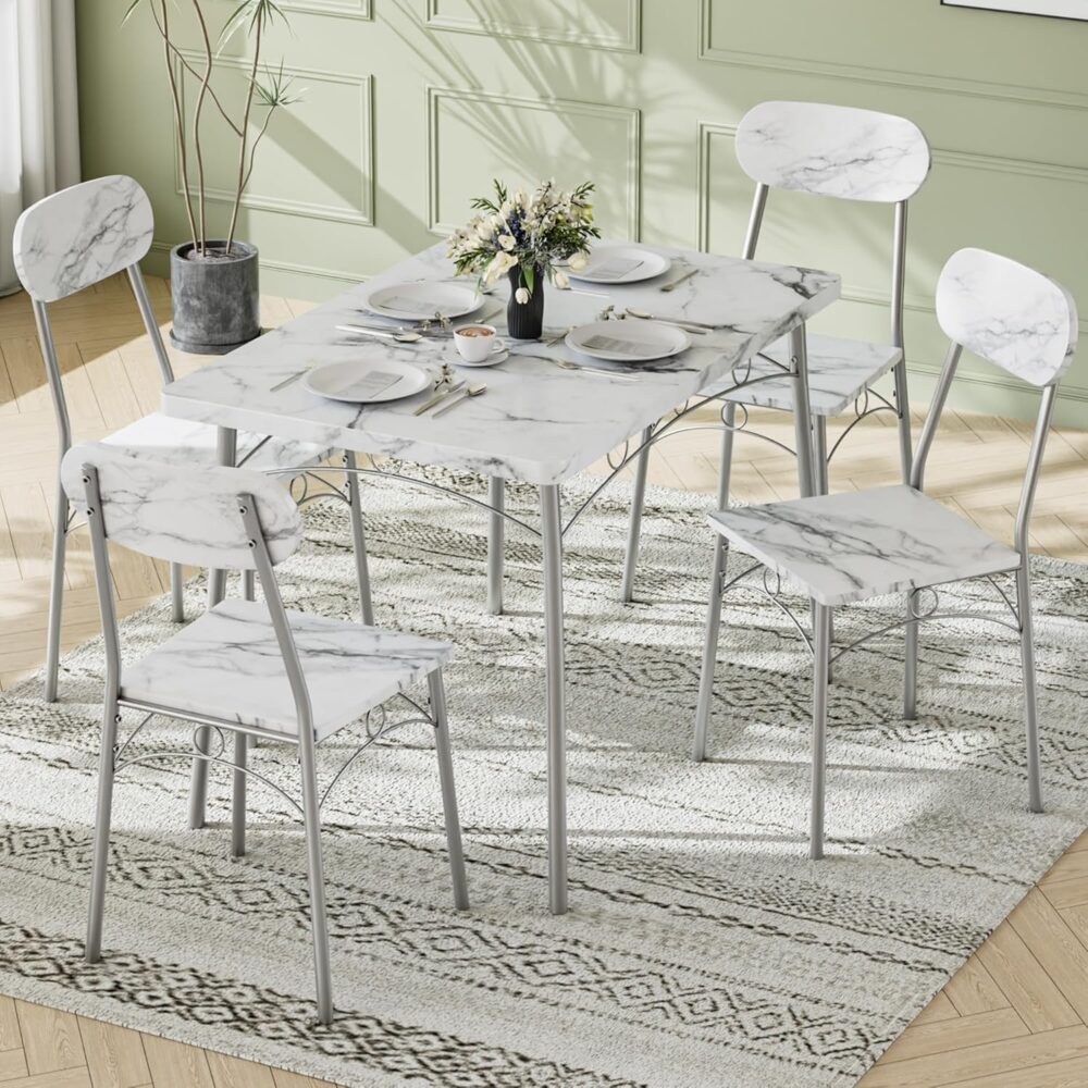 VECELO Dining Table Set for 4, 5-Piece Kitchen Table with 4 Chairs, MDF Board Tabletop with Metal Frame for Small Space, Compact Dinette, Breakfast Nook, White - Image 3