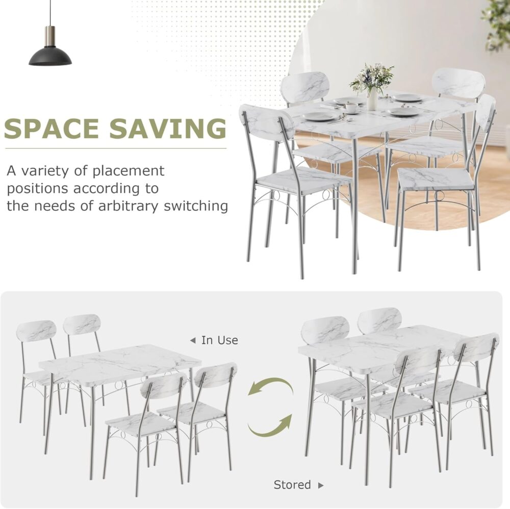 VECELO Dining Table Set for 4, 5-Piece Kitchen Table with 4 Chairs, MDF Board Tabletop with Metal Frame for Small Space, Compact Dinette, Breakfast Nook, White - Image 4
