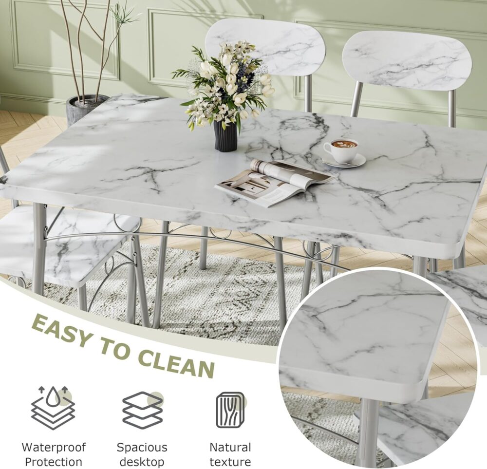 VECELO Dining Table Set for 4, 5-Piece Kitchen Table with 4 Chairs, MDF Board Tabletop with Metal Frame for Small Space, Compact Dinette, Breakfast Nook, White - Image 5