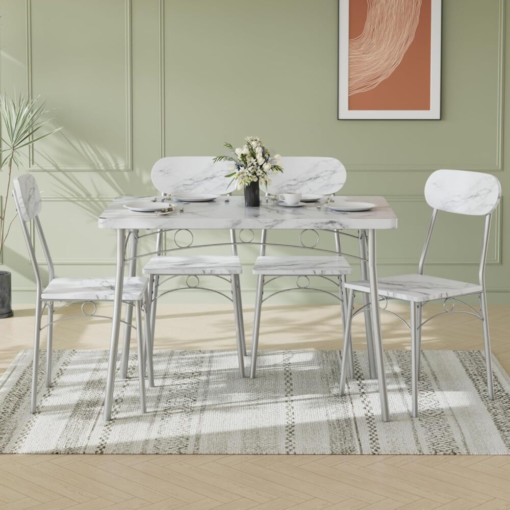 VECELO Dining Table Set for 4, 5-Piece Kitchen Table with 4 Chairs, MDF Board Tabletop with Metal Frame for Small Space, Compact Dinette, Breakfast Nook, White - Image 6