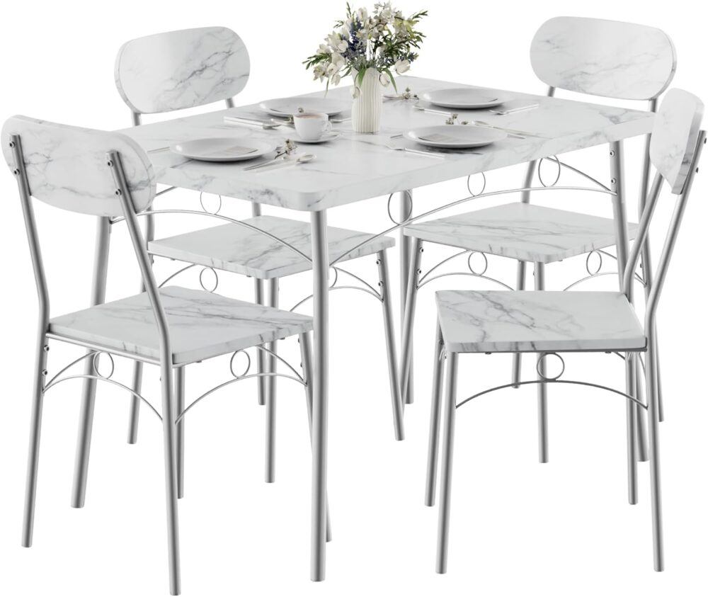 VECELO Dining Table Set for 4, 5-Piece Kitchen Table with 4 Chairs, MDF Board Tabletop with Metal Frame for Small Space, Compact Dinette, Breakfast Nook, White - Image 8