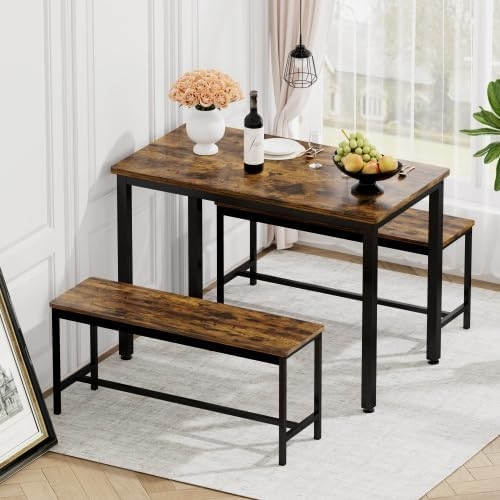IANFEGE Dining Table Set for 4,Industrial Kitchen Table Set with 2 Benches,Kitchen & Dining Room Sets,3-Piece Dining Room Table for Breakfast Nook,Living Room, Party Room (Rustic Brown)