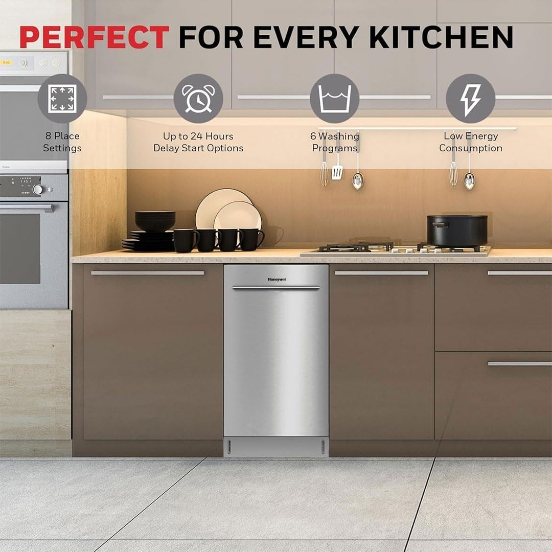 Honeywell 18 Inch Dishwasher with 8 Place settings, 6 Washing Programs, Stainless Steel Tub, UL/Energy Star- Stainless Steel - Image 3