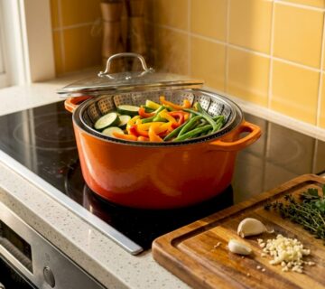 Steamer basket with vegetables in kitchen