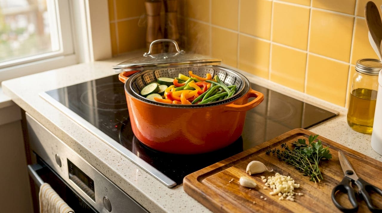 Steamer basket with vegetables in kitchen