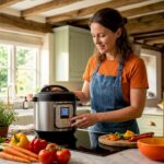 Home cook using pressure cooker on induction stove