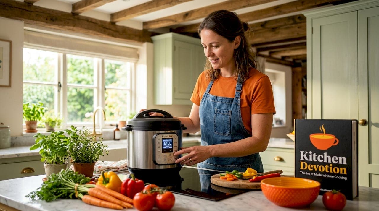 Home cook using pressure cooker on induction stove