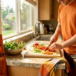 Home cook preparing food on large kitchen counter