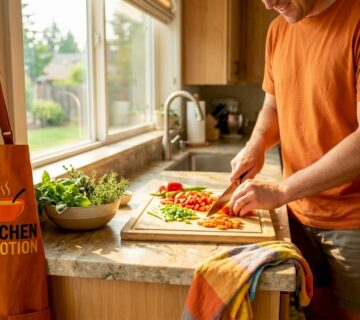 Home cook preparing food on large kitchen counter