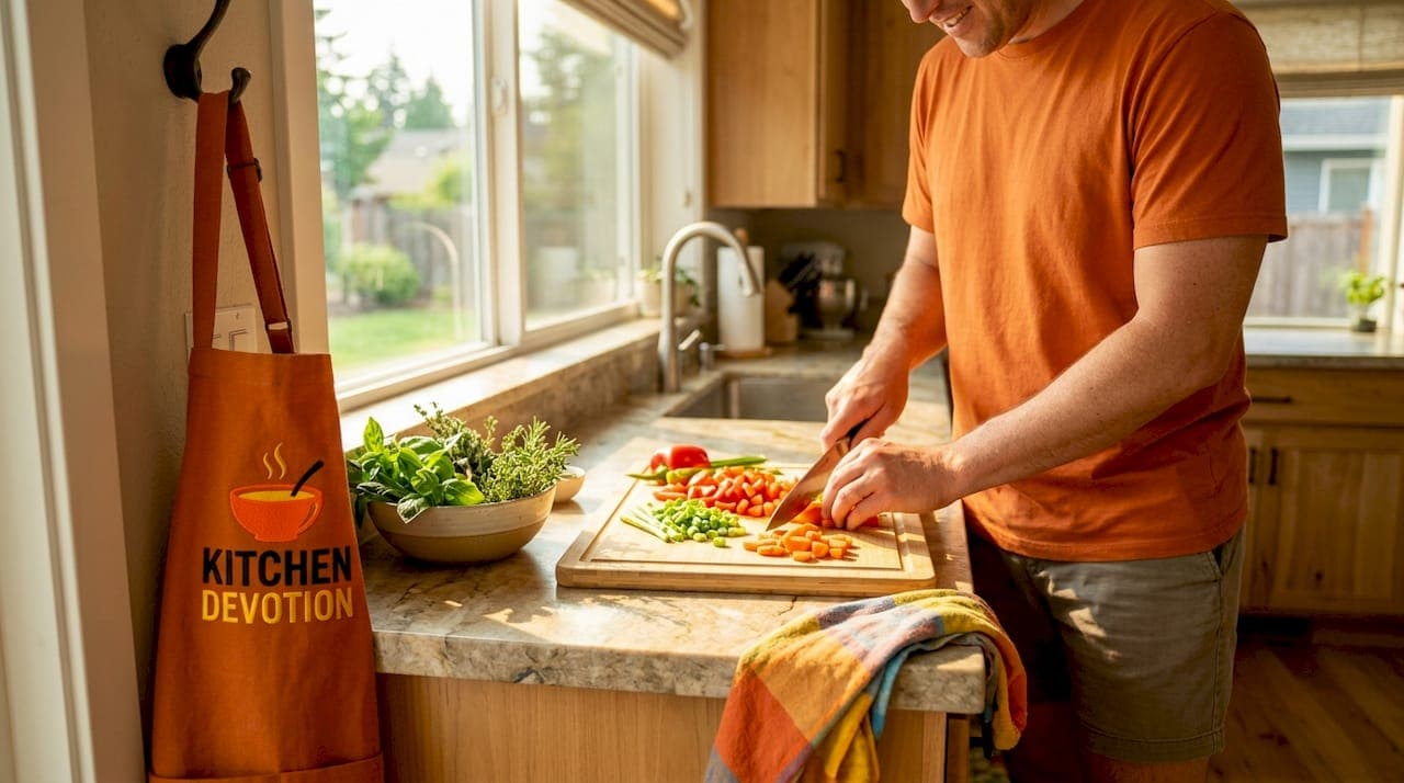 Home cook preparing food on large kitchen counter