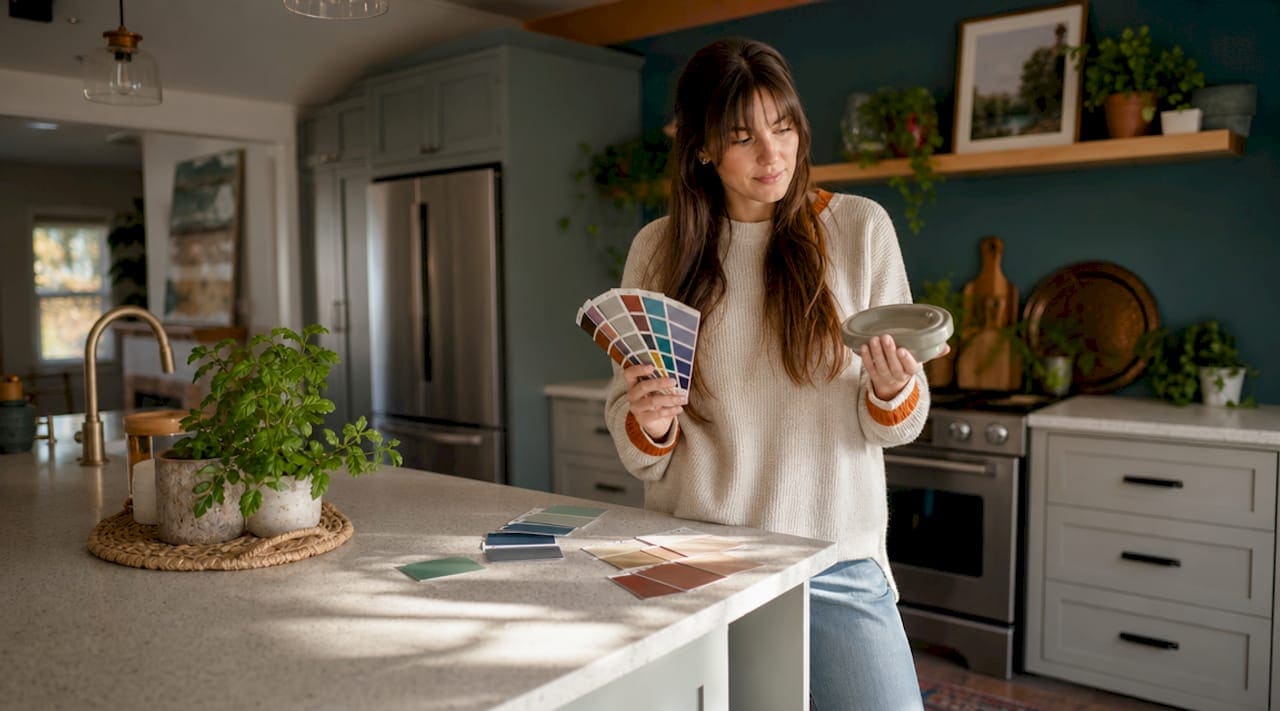 Woman evaluating kitchen color samples in modern kitchen