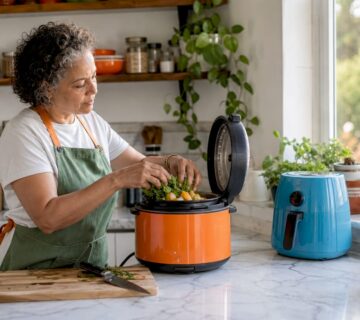 Woman using smart pressure cooker in kitchen