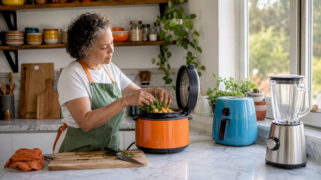 Woman using smart pressure cooker in kitchen