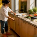 Woman measuring ergonomic kitchen countertop height