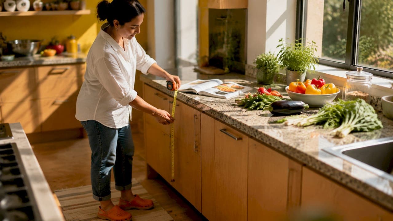 Woman measuring ergonomic kitchen countertop height