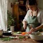 Home cook prepping beside basic cookware set