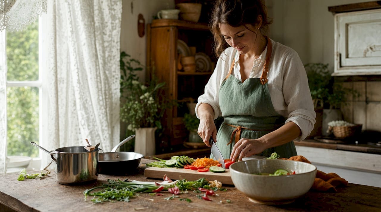 Home cook prepping beside basic cookware set