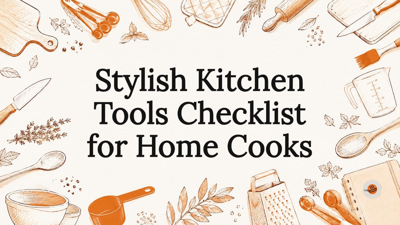 Decorative title card with kitchen tool illustrations