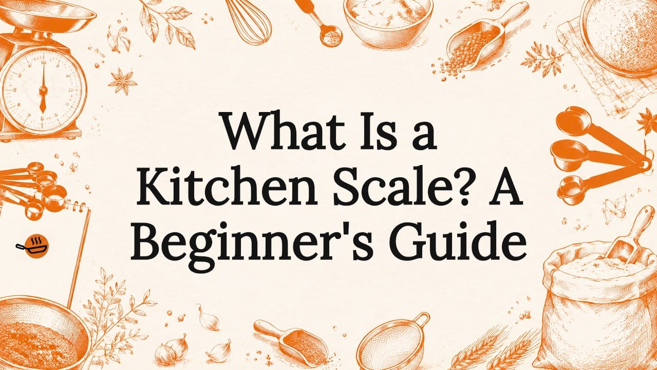 Decorative illustrated title card with kitchen scale theme