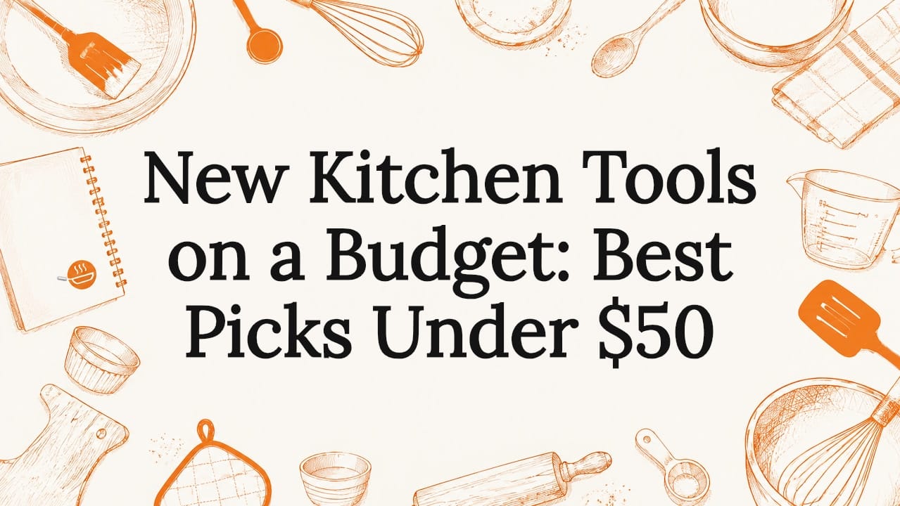Decorative illustrated kitchen tools framing title