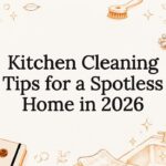 Decorative title card illustration with cleaning tools framing text area
