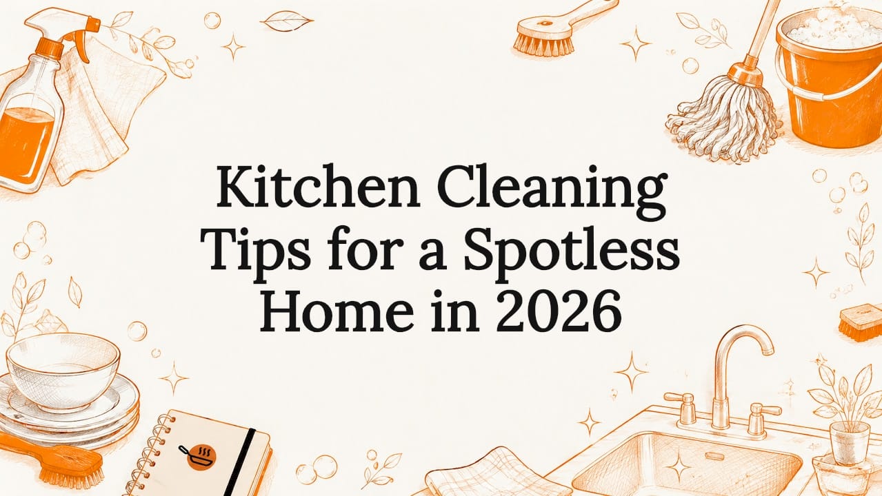 Decorative title card illustration with cleaning tools framing text area