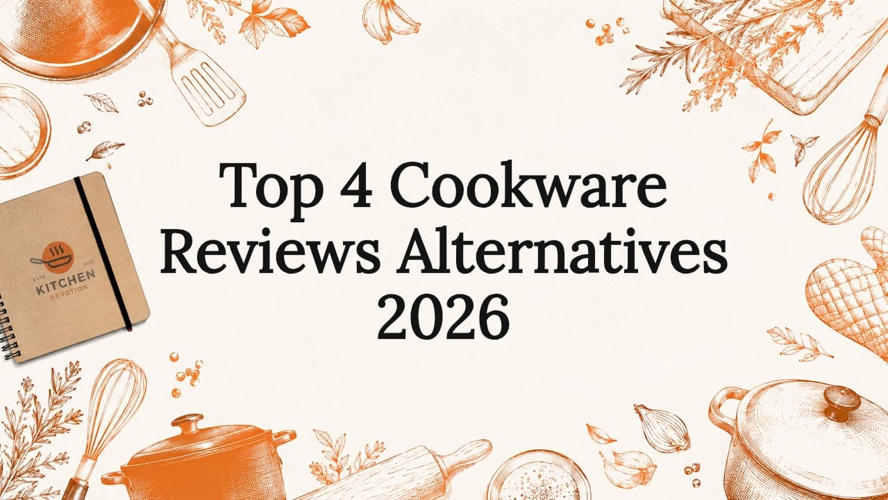 Decorative sketch of cookware and kitchen tools framing title