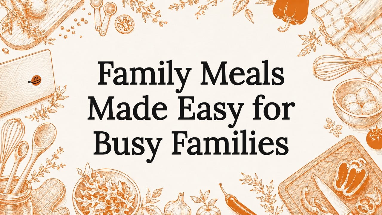 Decorative illustrated title card for family meals