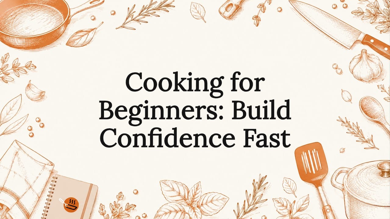 Decorative title card illustration of cooking tools around text area