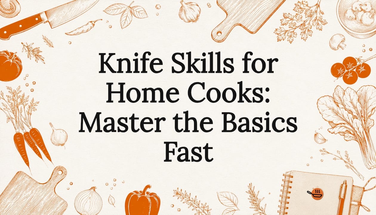 Decorative hand drawn kitchen utensils framing title