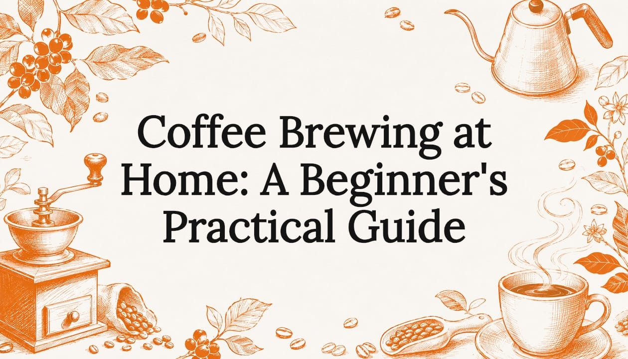 Decorative title card illustration with coffee brewing elements
