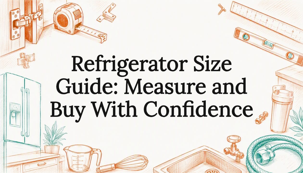 Decorative title card illustration framing refrigerator sizing topic