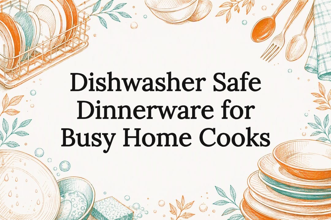 Decorative title card illustration for dishwasher safe dinnerware article