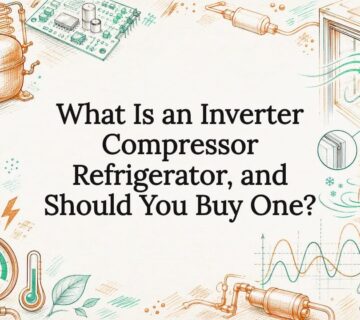 Decorative title card illustration for inverter compressor refrigerator article