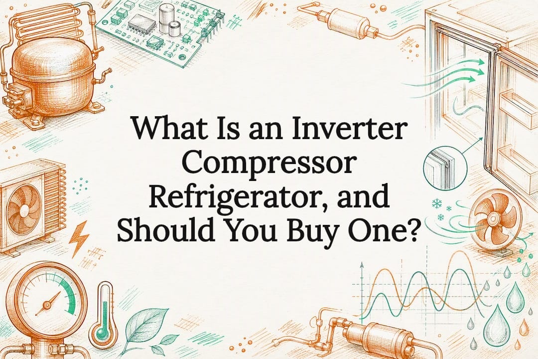 Decorative title card illustration for inverter compressor refrigerator article