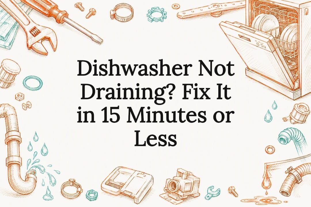 Decorative title card illustration for dishwasher repair article