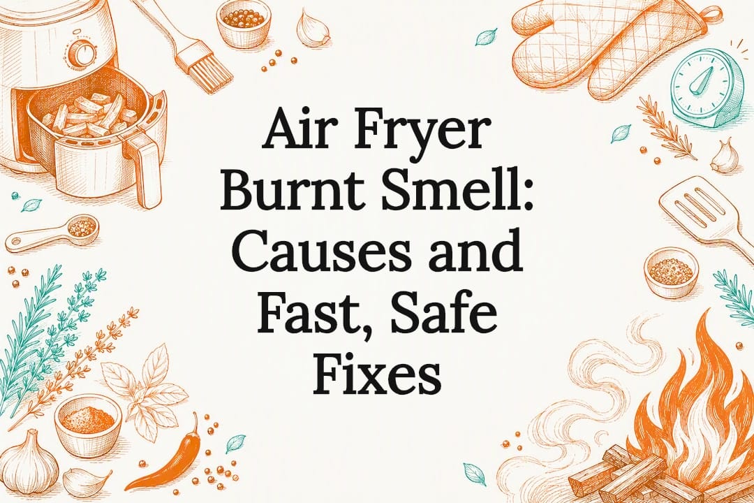 Decorative title card with kitchen and air fryer themed sketches