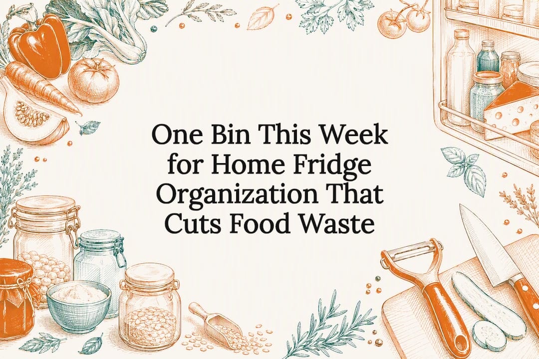 Decorative title card illustration of fridge and kitchen items