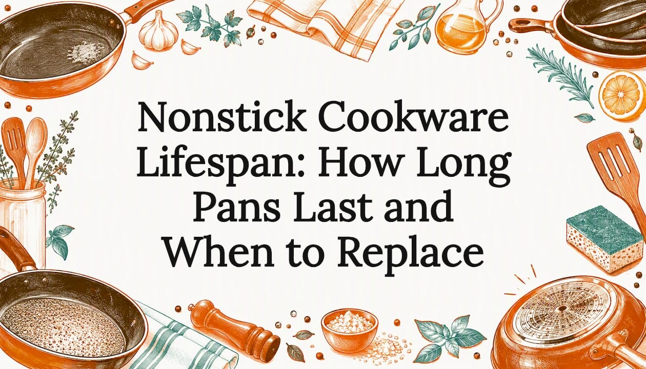 Decorative cookware sketches framing the title